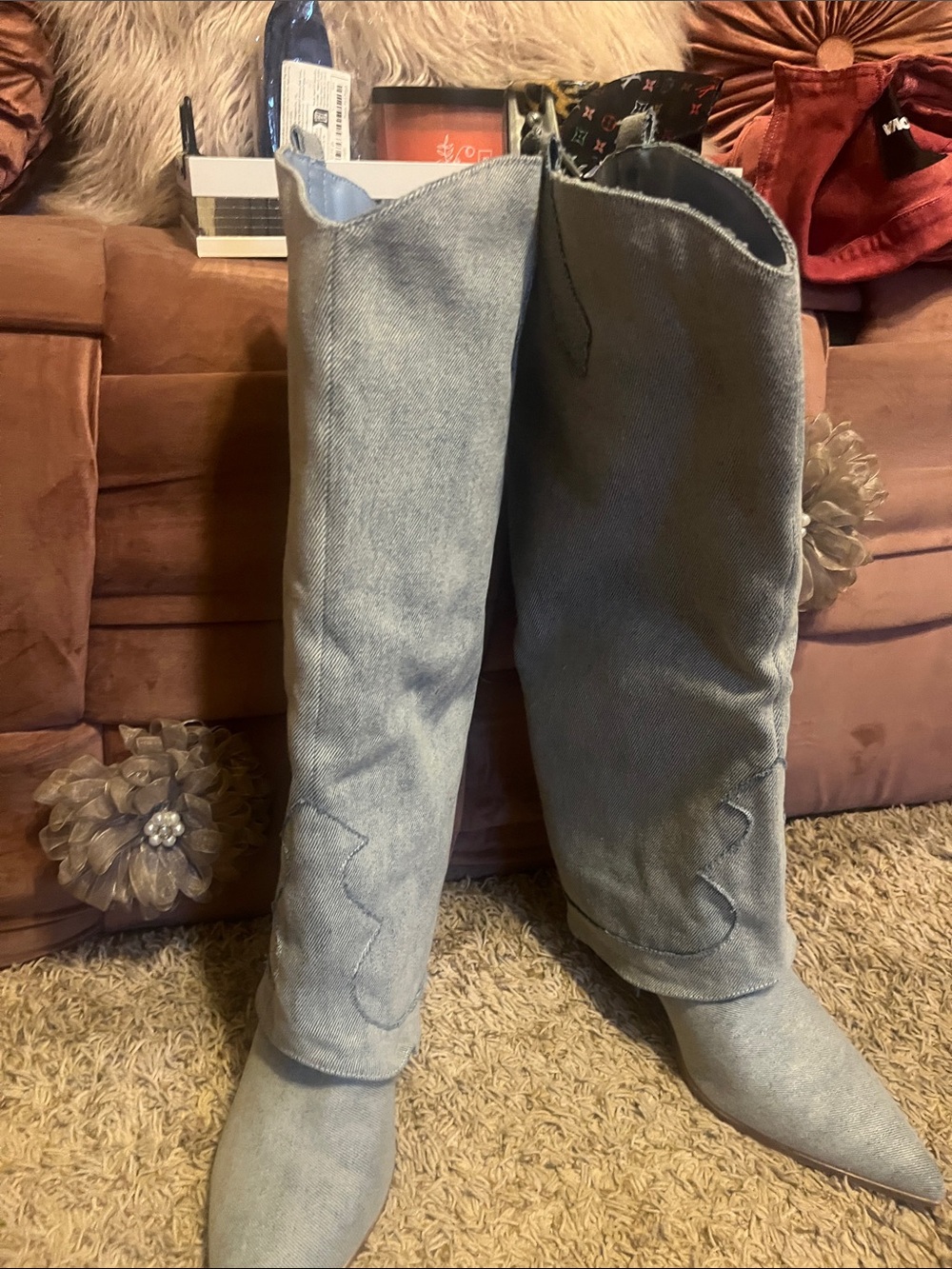 Fashion Nova Light Blue Knee-High Pointed-Toe Boots